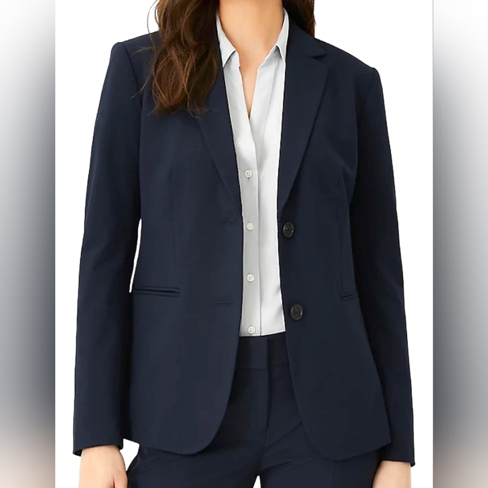 Ann Taylor Navy Long Two Button Seasonless Stretch Blazer
